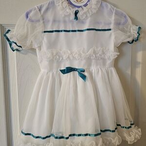 Pretty Vintage White And Teal Nylon Fluffy Smash Cake Birthday Party Dress